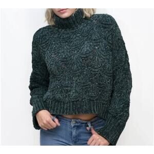 POL Chenille knit Green Turtleneck Oversized Cropped Sweater